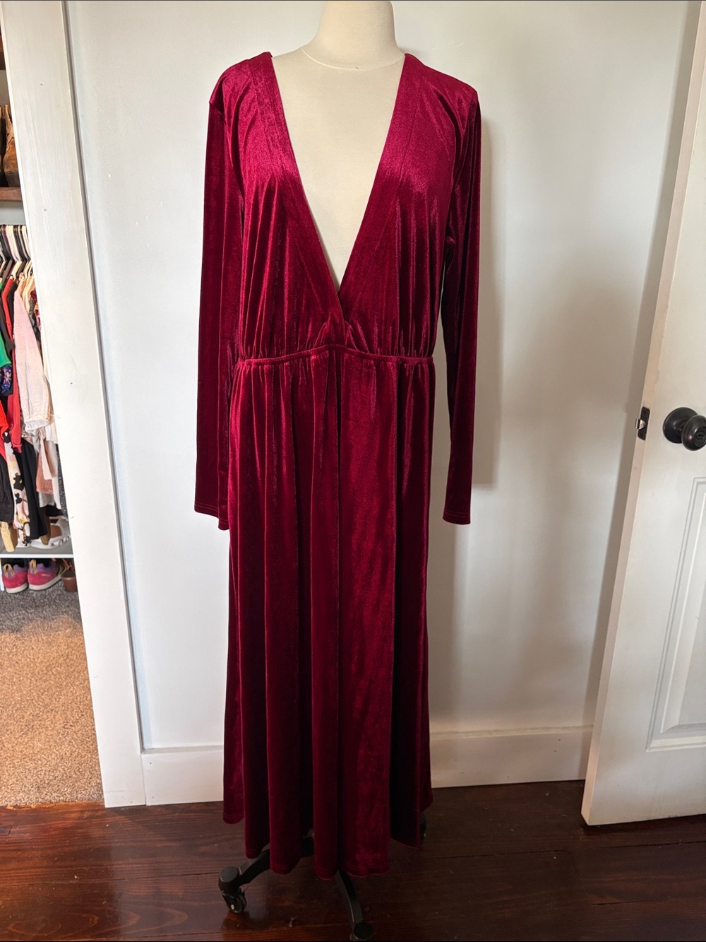 Plunging Velvet Maxi Dress in Deep Wine